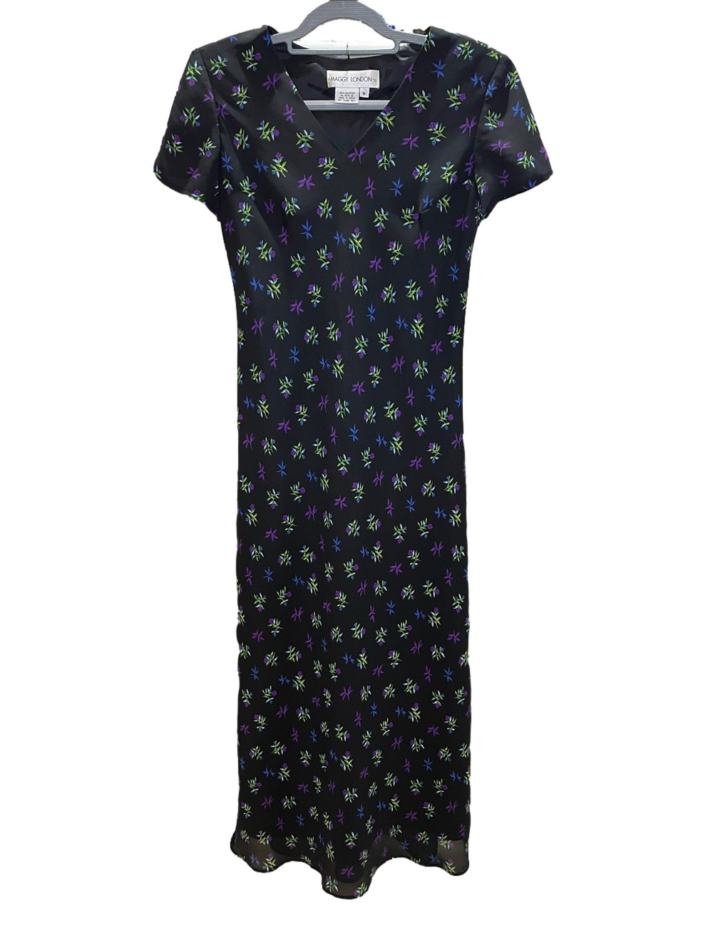 Maggy London Black Floral Maxi Dress with Vibrant Purple & Green Flowers